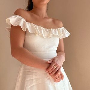 Zara linen blend white mini dress: off the shoulder or square neck